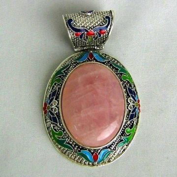 Imagen de COLGANTE ZAMAK OVALADO PIEDRA NATURAL CUARZO ROSA