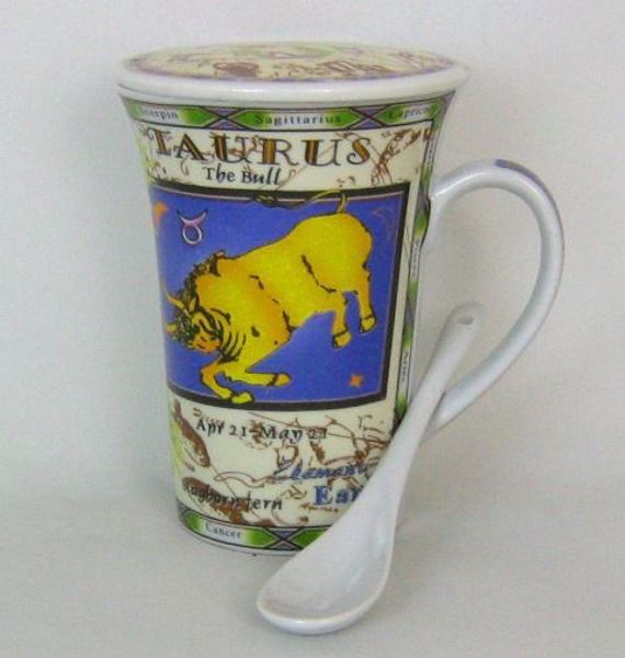 Imagen de TAZA HORÓSCOPO DEL ZODIACO TAURO CON CUCHARA Y TAPA