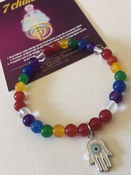 Imagen de PULSERA 7 CHAKRAS PIEDRAS  Y CON MANO OJO TURCO EN ACERO. MODELOS EXCLUSIVOS