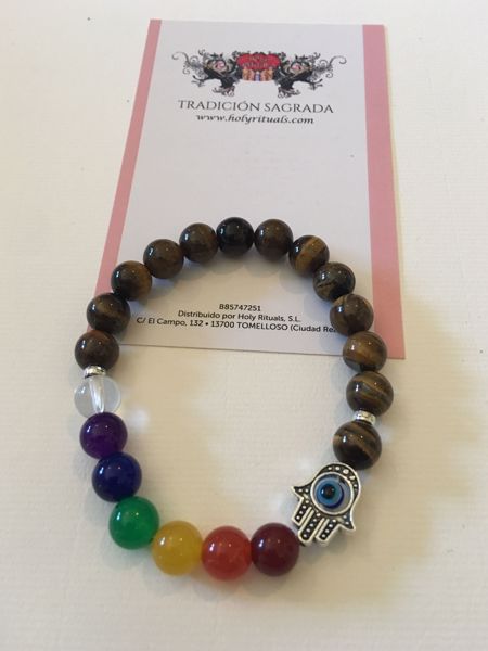 Imagen de  PULSERA 7 CHAKRAS MÁS OJO DE TIGRE CON MANO DE FATIMA Y OJO TURCO