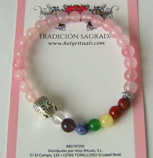 Imagen de PULSERA BOLAS PIEDRA NATURAL CUARZO ROSA 7 CHAKRAS Y BUDA 6 MMS