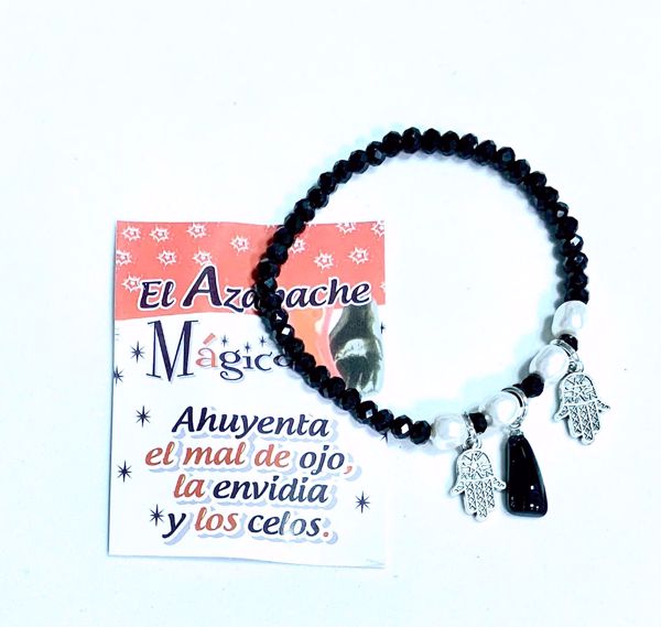 Imagen de Pulsera negra higa azabache, puño cerrado, perlas y manos de fátima. Suerte y contra el mal de ojo.