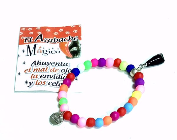 Imagen de Pulsera mano higa negra. Bolas de caucho multicolor. Puño cerrado.