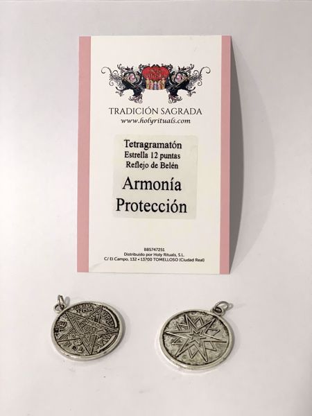 Imagen de Colgante amuleto zamak estrella 12 puntas, reflejo de Belén y tetragramatón. Armonía y protección.