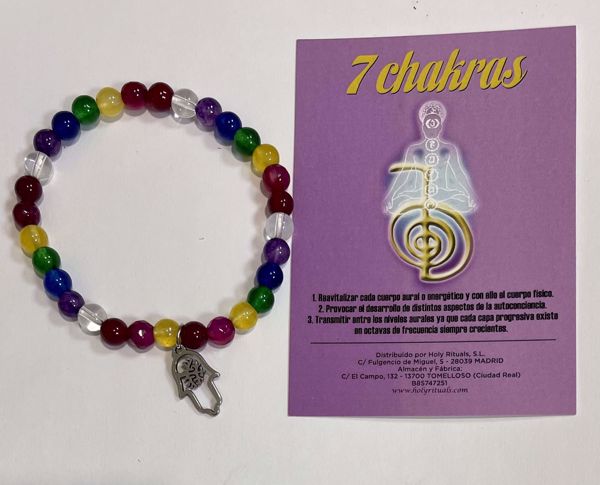 Imagen de PULSERA 7 CHAKRAS PIEDRAS  Y CON MANO DE FATIMA Y ÁRBOL DE LA VIDA. ACERO.