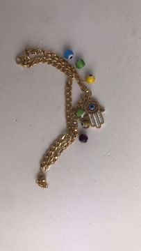 Imagen de PULSERA DORADA ACERO OJO TURCO Y MANO DE FÁTIMA 15 CM LARGO